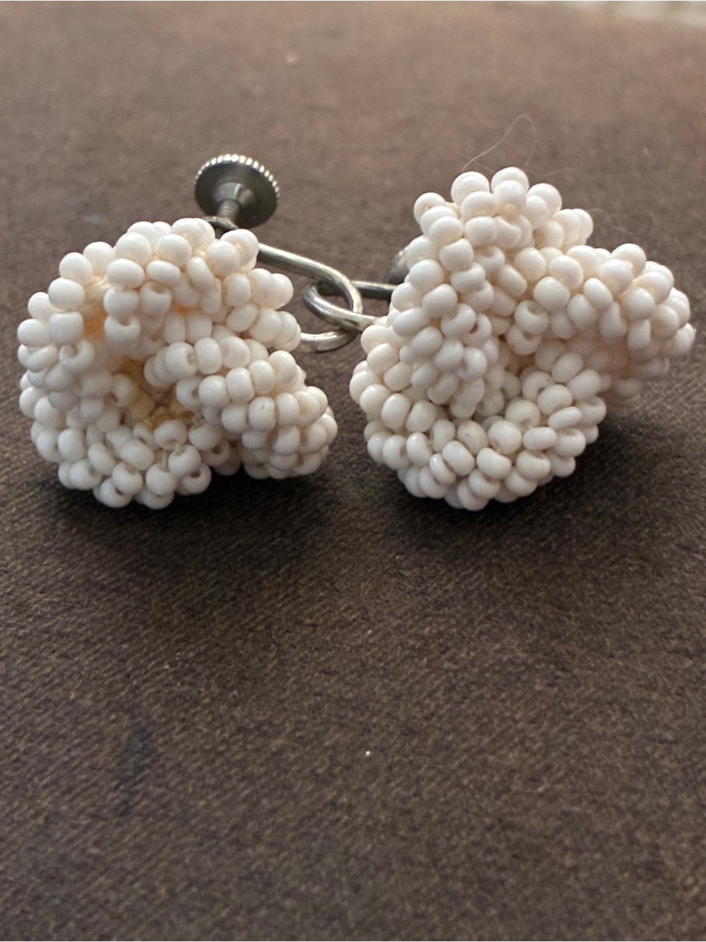 Vintage mid century White Beaded Flower screw back Earrings
